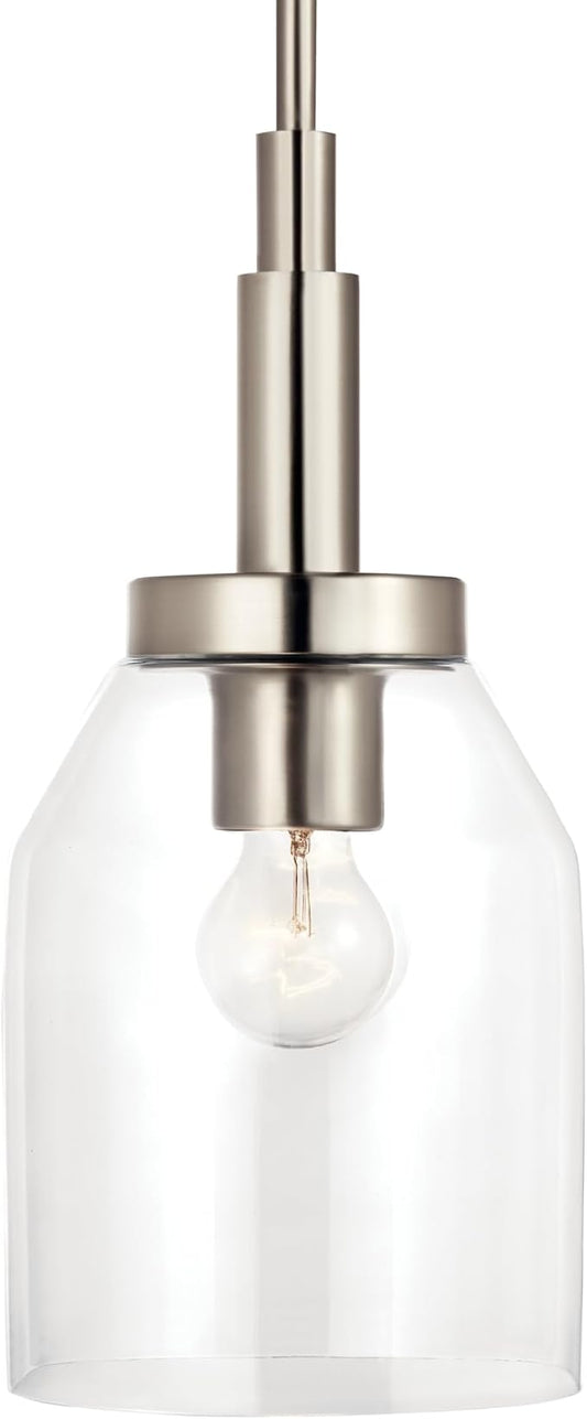 Kichler Madden 1-Light Mini Pendant Light Fixture with Clear Glass in Brushed Nickel, Sloped Ceiling Compatible for Kitchen Island or Bathroom (15" x 7"), 52725NI