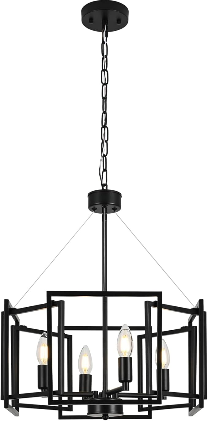 Modern Matte Geometric Black Industrial Chandelier 4 Light/E12/16.5 Inches,Small Farmhouse Pendant Lighting Fixtures for Dining Room,Kitchen Island,Bedroom,Foyer,Entryway,Stairs