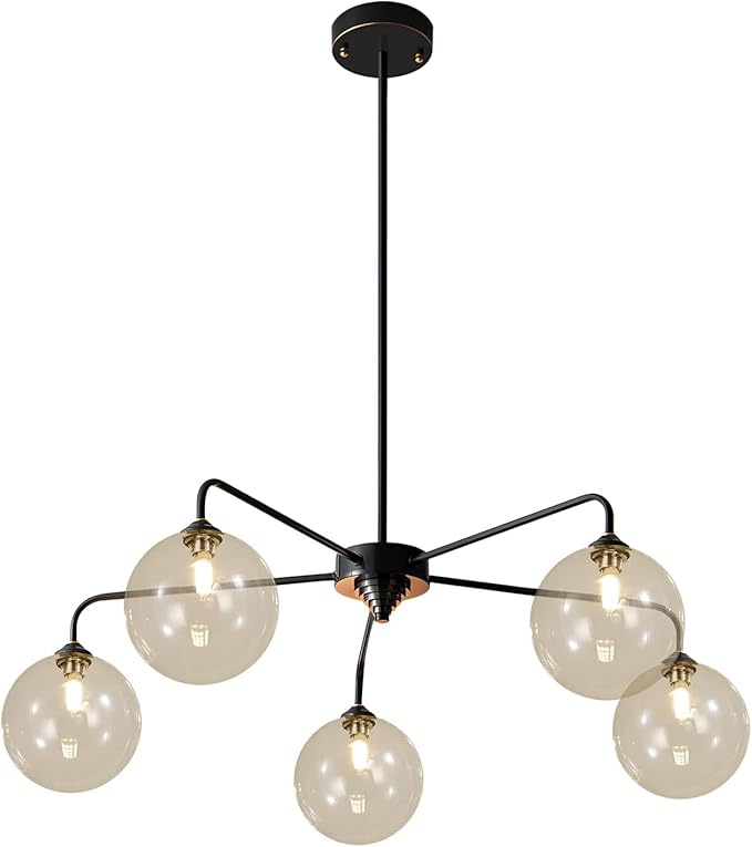 5 Light Black Sputnik Chandelier Mid Century Modern Chandelier with Cognac Clear Glass Globe Shade Pendant Light for Kitchen Dining Room