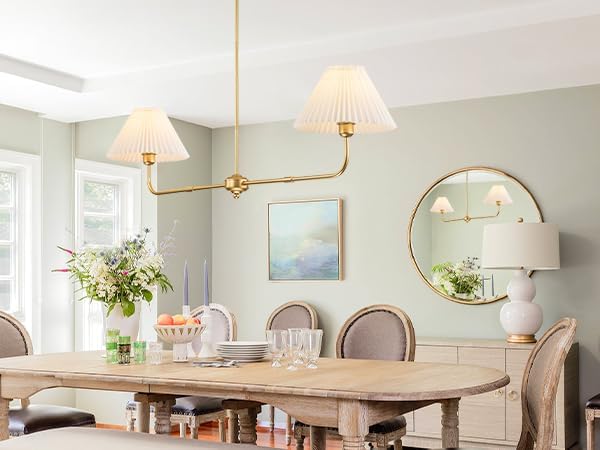 Gold Linear Chandelier, 2-Light Modern Chandelier for Dining Room Light Fixture, Kitchen Island Lighting with White Fabric Shade Linear Pendant Lights for Restaurant, Living Room, Bedroom