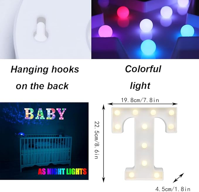 LED Marquee Letter Lights, 18 Colors Changing Light Up Letters with Remote, RGB Alphabet Letters Sign for Girls Boys Gift Birthday Party Night Light Bedroom Wedding Christmas Decor-Colorful T