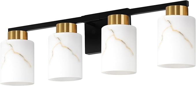 4-Light Bathroom Light Fixtures, Modern Vanity Lights, Black and Gold Metal Wall Lamp with White Marble Glass for Bathroom, Mirror, Living Room, Bedroom, Cabinet, Porch, Hallway, E26 Base