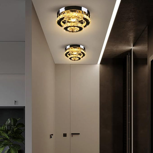 2-Tier Crystal Flush Mount Mini Chandelier Ceiling Light, 30W LED Modern Round Ceiling Fixture for Hallway Entryway Staircase Kitchen, Warm White (2500–3500K)