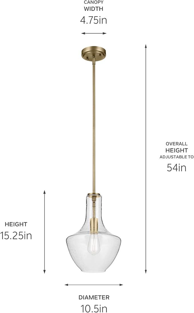 Kichler Everly 1-Light Bell Pendant Light Fixture with Clear Seeded Glass in Brushed Natural Brass for Kitchen Island, Dining Room, or Home Bar (15.25" x 10.5"), 42141NBRCS