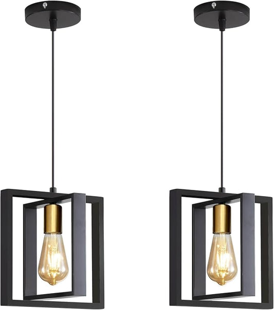 2 Pack Black Industrial Farmhouse Pendant Light, Vintage Metal Rustic Hanging Lights, Adjustable Height Kitchen Island Pendant Lights Fixture, Mini Ceiling Lamp for Entryway, Dining Room, Foyer