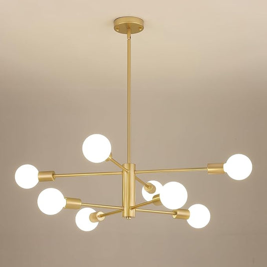 AMZASA Gold Sputnik Chandelier 8 Light Modern Industrial Mid Century Modern Light Fixture for Dining Room Kitchen Living Room Entryway Bedroom Plating Shining Gold Finished UL Listed
