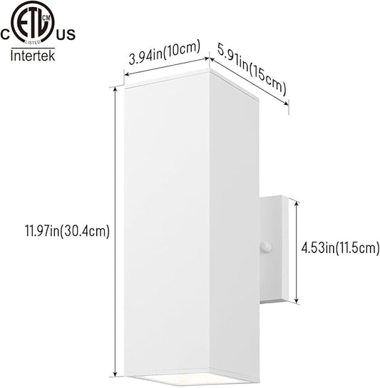 mirrea Modern Outdoor Porch Light Patio Light in 2 Lights with Aluminum Rectangular Tube and Tempered Glass Cover Waterproof Wall Sconce 2 Pack (Matte White)