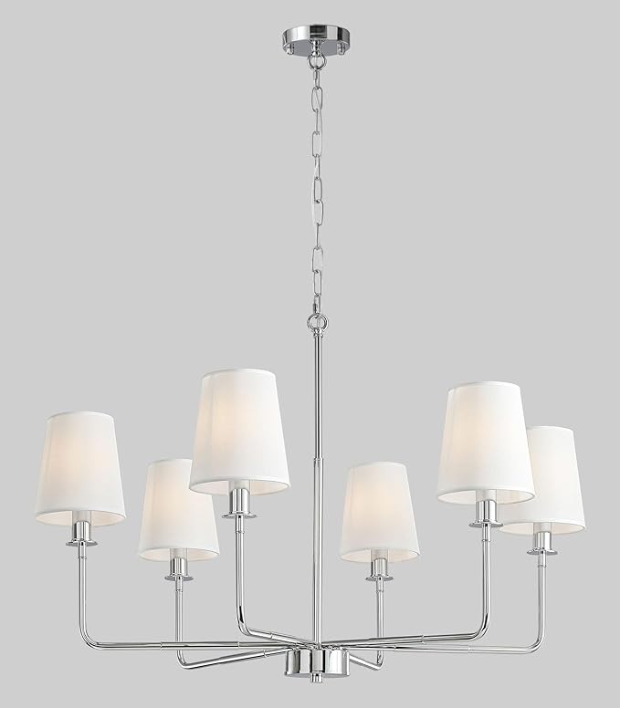 6-Light Chrome Farmhouse Chandelier with Linen Shades, E12 Base Industrial Ceiling Light Fixture, Adjustable Chain for Sloped Ceilings, Kitchen Island & Dining Room Fixture