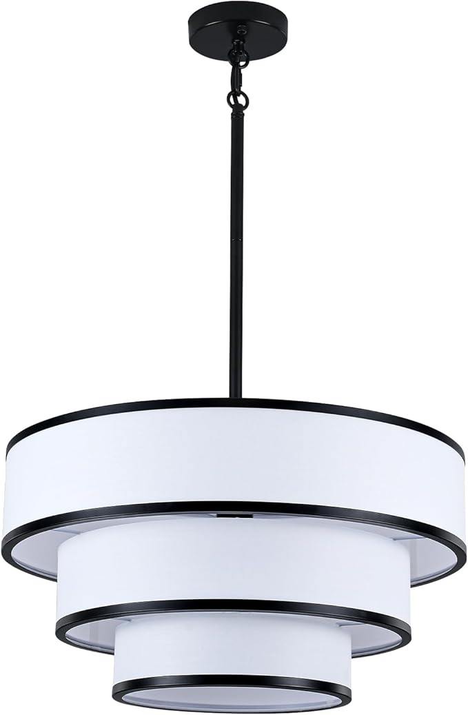 Drum Chandelier for Dining Room, 5-Light Modern Black Chandelier with White Fabric Shade, 20" Hanging Linen Drum Pendant Ceiling Light Fixture for Kitchen Island Bedroom Living Room