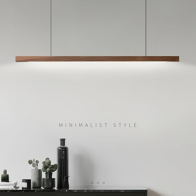 Modern LED Chandelier Walnut Color Dining Room Kitchen Island Long Hanging Lights Restaurant Office Coffee Home Lighting Ash Wood Remote Control Dimmable (2 Round Bases, 100cm(39.3in))