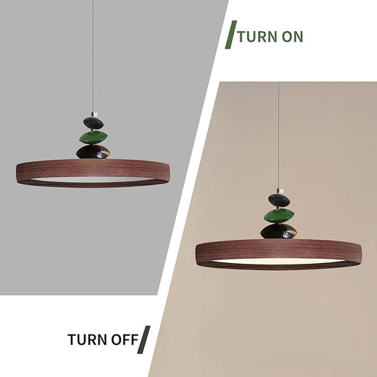Mikeru Modern Pendant Lights, 23.6" Wood Grain Finish Pendant Lighting Fixture with Remote Control Dimmable 3 Color Mode & Brightness Mid Century Island Light Fixture for Dining Room,Living Room