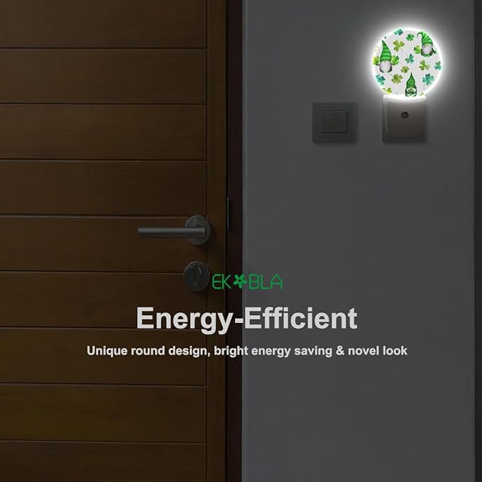 EKOBLA St. Patrick's Day Gnome Plug-in Night Light, Green Shamrock Clover LED Nightlight with Auto Sensor for All Ages