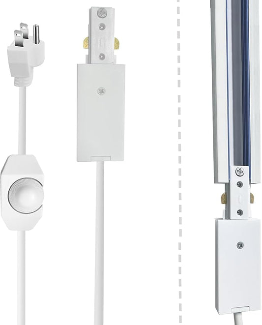 White Track Lighting Live End Cord with Inline Dimmer Switch, 9.84FT H Track Live End Feed Connector, Suitable for H Type Single Circuit 3-Wire-1 Track Lighting Systems