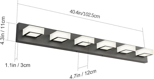 Ralbay Modern Matte Black Bathroom Vanity Light Fixtures 6 Lights Acrylic Modern LED Black Vanity Lights for Bathroom (4500K Neutral White Light)