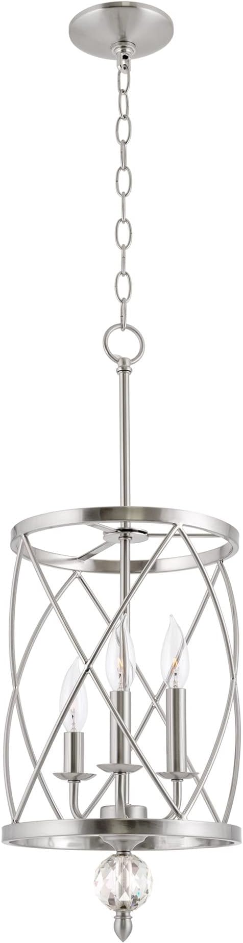 Kira Home Eleanor 27" Modern 3-Light Geometric Lantern Chandelier, Cylinder Trellis Cage Pendant Light with Crystal Finial, Brushed Nickel Finish