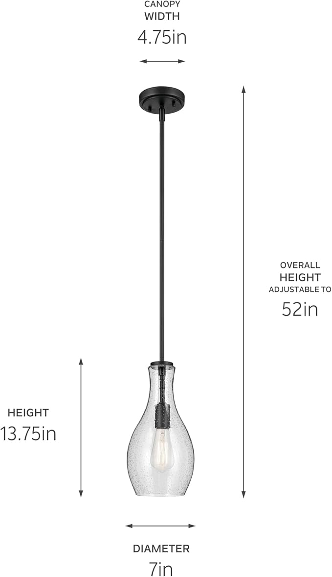 Kichler Everly 1-Light Bell Pendant Light Fixture with Clear Seeded Glass in Black for Kitchen Island, Dining Nook, or Home Bar, Modern Hanging Lamp (13.75" x 7"), 2456BKCS