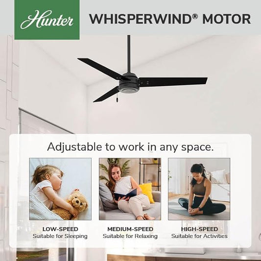Hunter 52 inch Outdoor or Indoor Ceiling Fan No Light - Black Ceiling Fan without Light, For Patio, Porch, Garage, or Living Room, Standard Mount, 3 Blades, Pull Chain - Cassius 59264, Matte Black