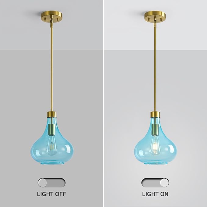 Modern Glass Pendant Light 9.44 in Light Blue Glass Shade Gold Farmhouse Island Pendant Lights for Kitchen Pendant Lighting Over Sink Bedroom Dining Room