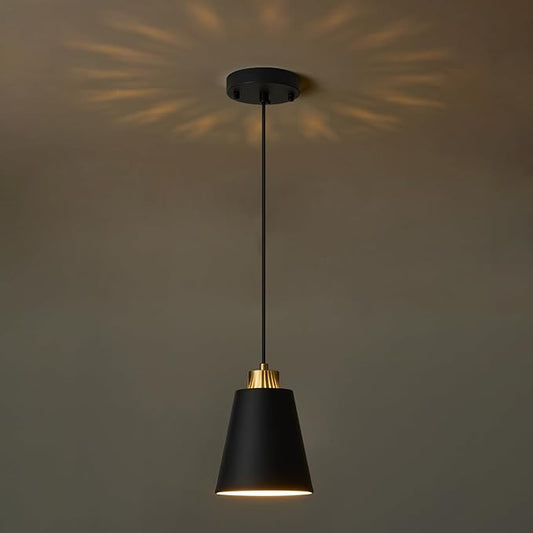 Matte Black Mini Pendant Light 7.87in Cone Kitchen Island Pendant Lighting with Gold Modern Hollow Shade Hanging Light Fixture for Kitchen Dining Room Bar 63" Adjustable Cord, 1 PCS