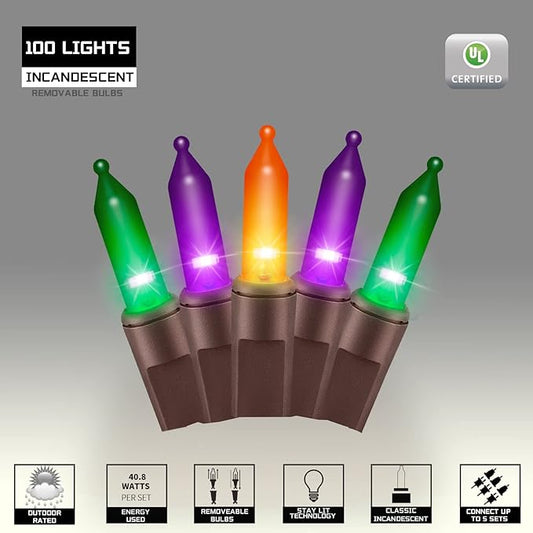 100LIGHTS Orange Purple and Green Extra-Bright with End Connectors Halloween Decorative Lights 5.98m UL Certified Mini String Light Set Waterproof for Halloween Home Garden Tree Party Patio
