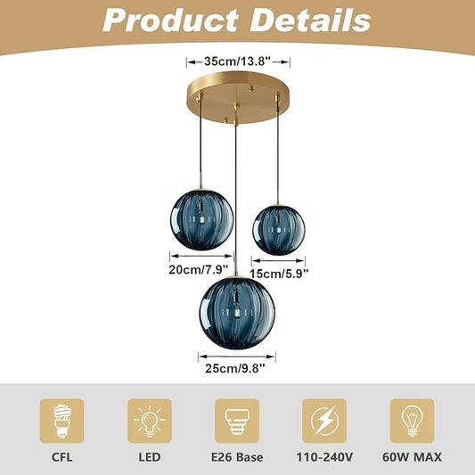 KCO Lighting Mid Century Modern 3-Lights Globe Pendant Light Fixture Brass Gold Cluster Pendant Light Kitchen Island Multi Light Pendant Lighting Ceiling Hanging Blue Glass Hanging Light