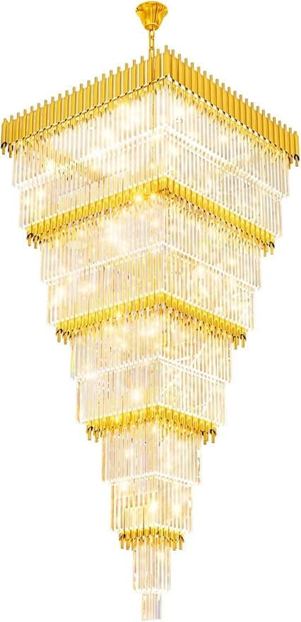 W40 x H120 Large Gold Chandeliers for High Ceiling, 37-Light Square Tiered K9 Crystal Raindrop Chandelier, Adjustable Height Luxury Pendant Light for Staircase, Villa Foyer, Entryway
