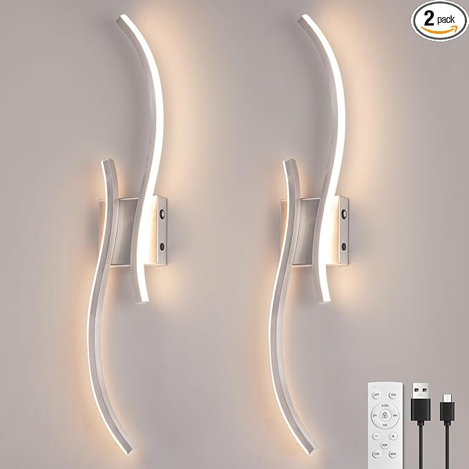 CANEOE Battery Operated Wall Sconces Set of 2,Dimmable Rechargeable Wall Sconce with Remote Control,Black Wireless Wall Light for Living Room Bedroom Hallway (Brushed Nickel, 39.37 Inches (2 Packs))