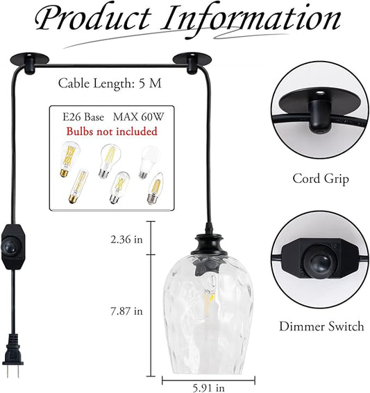 Modern Plug in Pendant Light with Dimmable Switch E26 Clear Rippled Glass Shade Hanging Lights with 16.4 Ft CordPlug in Hanging Lamp for Kitchen Island Bedroom Living Room (Bulb not Included)