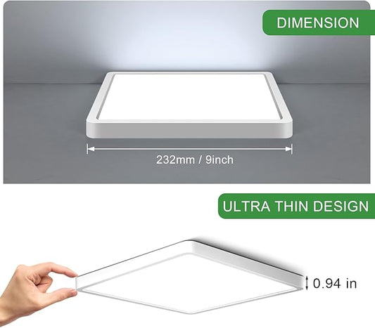 LightingWill 9Inch 18W Square LED Ceiling Light Fixtures, Flush Mount, Modern, White, 6000K Cold White, 1800LM, Kitchen, Bathroom, Bedroom