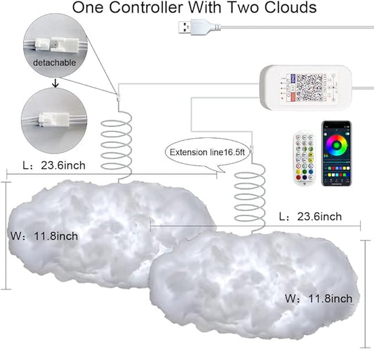ZOKON 2PCS 3D Big Cloud lightning Light Kit Music Sync Warm Multicolor lightning Changing Strip Lights 360 Degree Wireless Remote APP NO DIY Coolest Decorations for Adults and Kids Indoor Home Bedroom