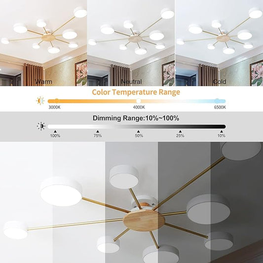 8-Lights LED Dimmable Ceiling Light Fixture,48 Inch Modern Ceiling Lights Flush Mount Wooden 64W Chandelier for Living Room Bedroom Kitchen,3000K/4000K/6000K White