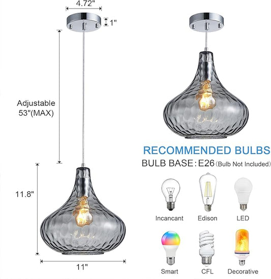 Hammered Glass Pendant Light - 11" Vintage Industrial Farmhouse Fixture for Kitchen Island, Dining Room & Entryway, Smoke Gray Ceiling Hanging Light with Chrome Finish,Easy Install Modern Chandelier