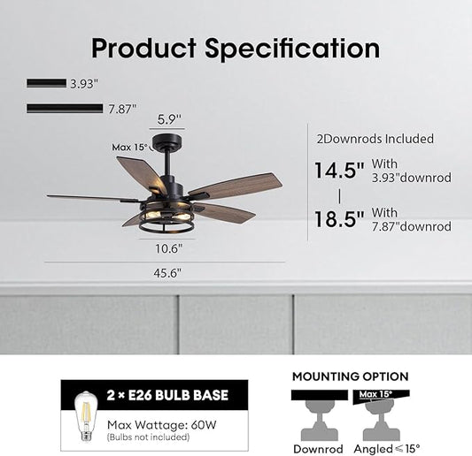 46 Inch Ceiling Fans with Lights and Remote & APP Control, Farmhouse Ceiling Fan with LED Lighting for Bedroom Living Room and Patio, Black Caged Ceiling Fan for Indoor and Outdoor(NO Bulbs