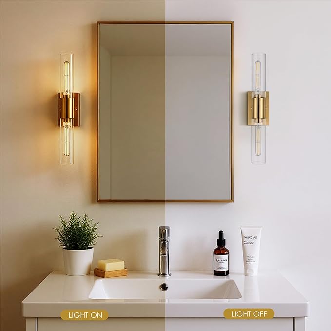 Wall Sconces Set of Two, Gold Bathroom Sconces Wall Lighting with Clear Glass Modern Sconces Wall Light Set of 2 Bathroom Light Fixtures Vanity Light for Bedroom Washroom Hallway Living Room