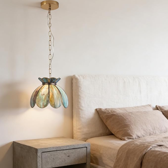 Brass Glass Ceiling Pendant Light, Hanging Chain Lamp, with Vintage Lotus Flower Blue Green Glass Shade for Kitchen Island Dining Room Bedroom Living Room - 7.9" Shade