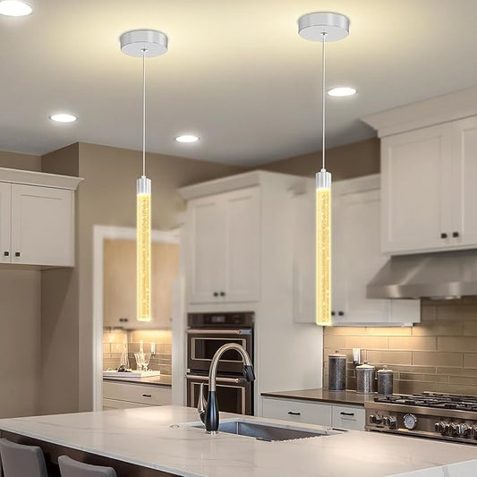 Modern Mini Crystal Pendant Light for Kitchen Island Dimmable LED Adjustable Crystal Column Chandelier Lighting Hanging Pendant Lighting 1 Light Silver