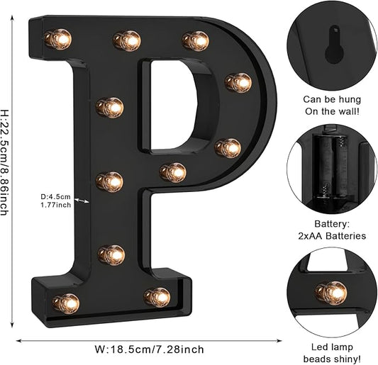 Foaky Black LED Letter Lights for Room Decor - Bedroom Wall Decor, Alphabet Lights for Home, Wedding, Party - Battery Operated (P)