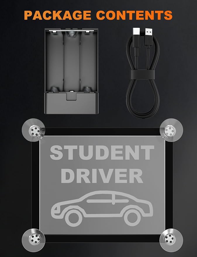 Student Driver LED Car Sign, New Driver Warning Sign, Amber Light Car Interior Accessories Suction Cup Mounted Gift for New Rookie Learner Drivers