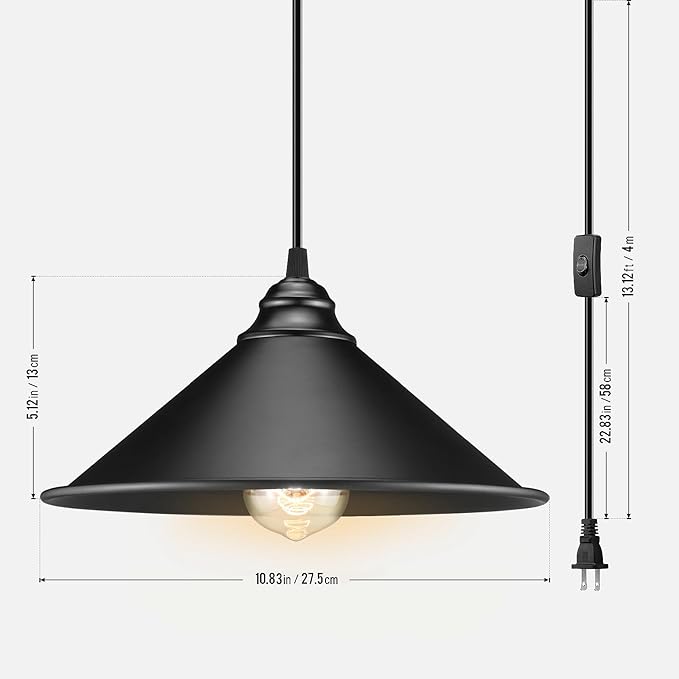 LYOOWNG Plug in Pendant Light, Bigger Hanging Lights with Plug in Cord On/Off Switch, 13FT Industrial Plugin Hanging Light, Vintage Pendant Lights Fixture, Big Black