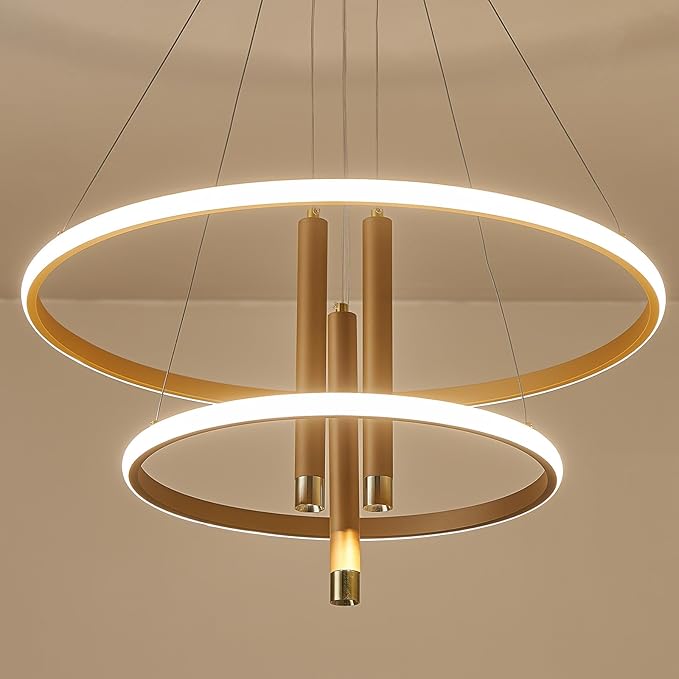 ORANOOR LED Gold Modern Chandeliers for Dining Room Bedrooms Living Room, Dimmable 24in 5250lm Kitchen Pendant Lamp Dining Room Light Fixtures Ceiling Hanging Over Table, 2 Ring Round Chandeliers