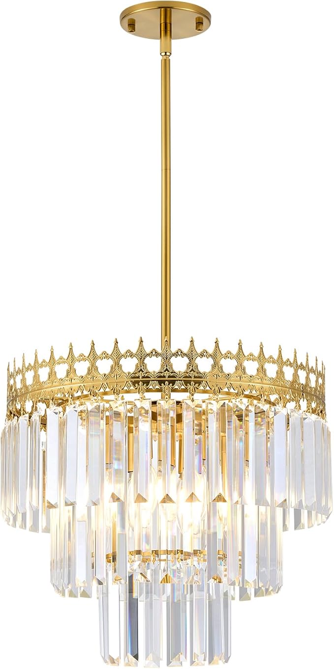 16'' Gold Crystal Chandelier,6-Light Modern Chandeliers for Dining Room,3-Tiers Round Metal Pendant Light Fixture for Kitchen Island Living Room Bedroom Entryway