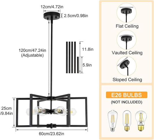 23.6” Black Chandelier for Dining Room 6 Light Kitchen Chandelier over Table Farmhouse Dining Room Light Fixtures Over Table,Hanging Pendant Light Fixture with Adjustable Height for Entryway,Foyer