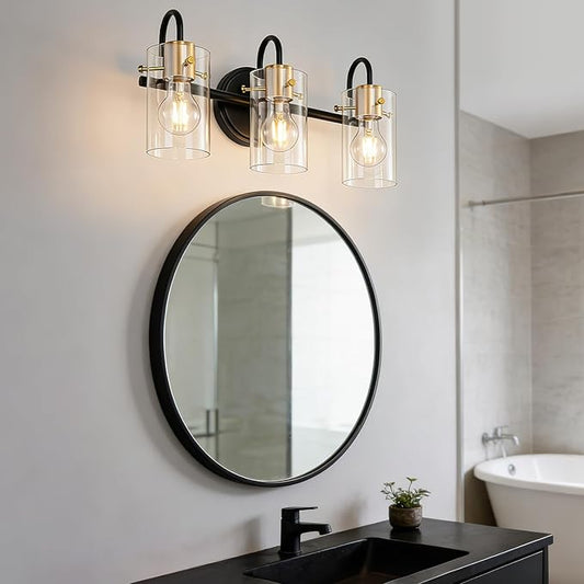 3 Light Bathroom Vanity Light, Black and Gold Bathroom Wall Light Fixtures with Clear Glass Shade, Modern Wall Sconces Wall Lamp over Mirror Kitchen Living Room Bedroom Hallway Cabinet