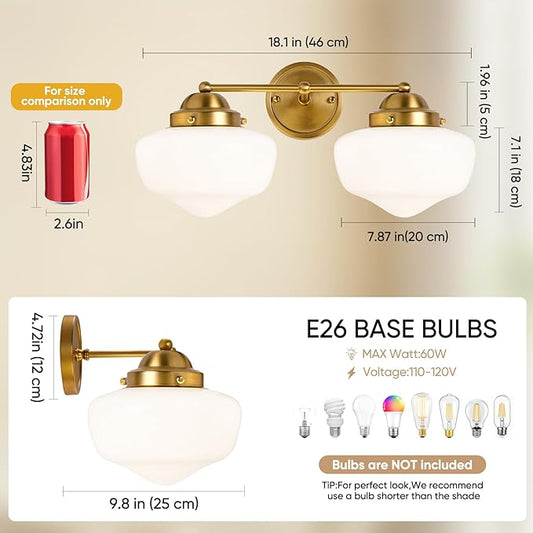 2 Light Bathroom Vanity Light, Bathroom Light Fixture with Milky White Glass Shade and Matte Brass Finish, Vanity Lights for Bathroom, Brushed Gold Vanity Light