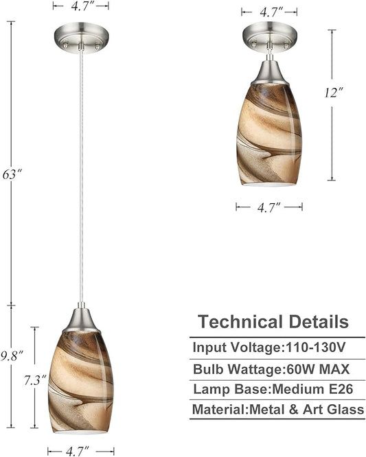karyfine Mini Pendant Lights Kitchen Island Light Brown Glass Lamp Shade Hand Blown Glass Pendant Light with Brush Nickel Finish Adjustable Cord for Kitchen Over Sink, Dining Room (Light Brown-1P)