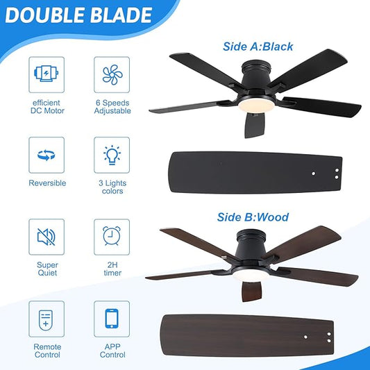 Surtime 52" Ceiling Fans with Lights-Low Profile Ceiling Fan with Light and Remote/APP Control,Flush Mount,DC Reversible,LED Dimmable Black Ceiling Fans for Bedroom,Indoor/Outdoor Patio Use