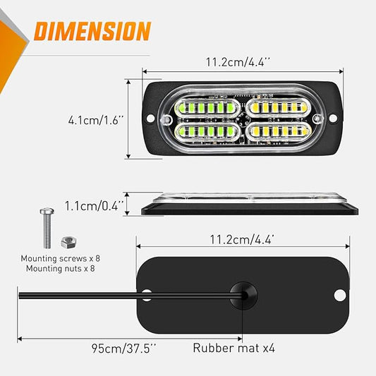 Nilight 4PCS 24LED Emergency Strobe lights 12V 24V Green White Surface Mount Grille Hazard Safety Warning Light Sync Feature Side Flashing Marker Flash for Car Truck Campers