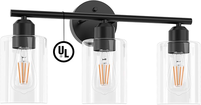 Bathroom Vanity Light Fixtures Matte Black Bathroom Lighting Fixture, 3 Lights Bathroom Light Fixture Over Mirror, Modern Black Vanity Light, UL Certified Wall Sconces with Glass Shades