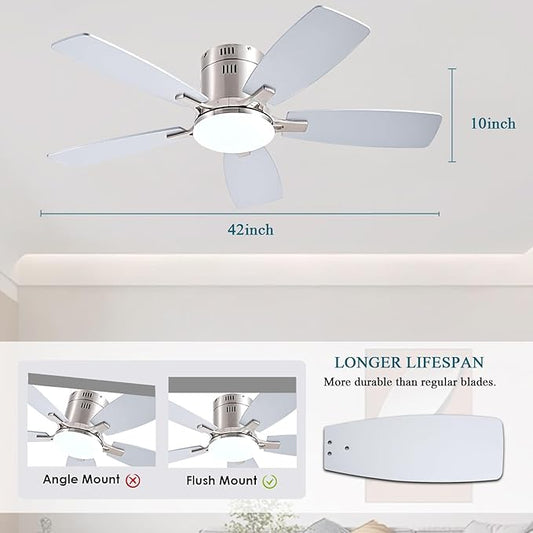 Ayaoty 42 Inch Low Profile Ceiling Fans with Lights and Remote, Flush Mount Modern Ceiling Fan, 3CCT Dimmable DC Ceiling Fan for Bedroom, Living Room, Brushed Nickel