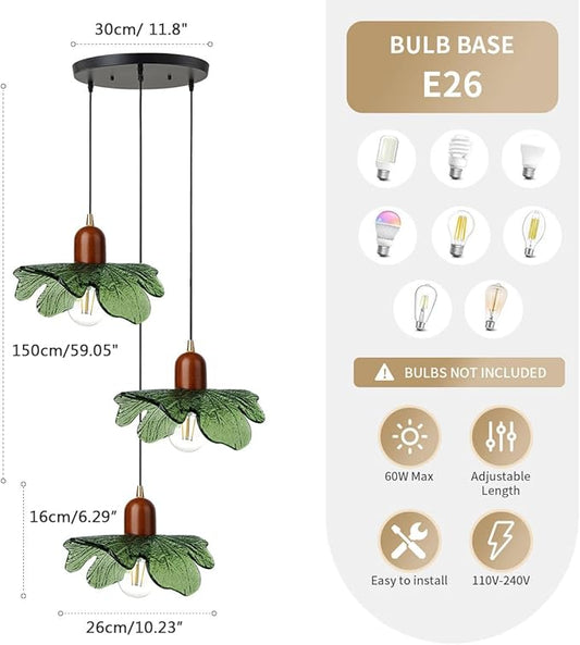 Mid Century Chandeliers 3-Light Green Glass Hanging Pendant Lamp Art Decoration Light Fixtures Walnut Wood Black Vintage Chandelier for Dining Room, Living Room, Bedroom